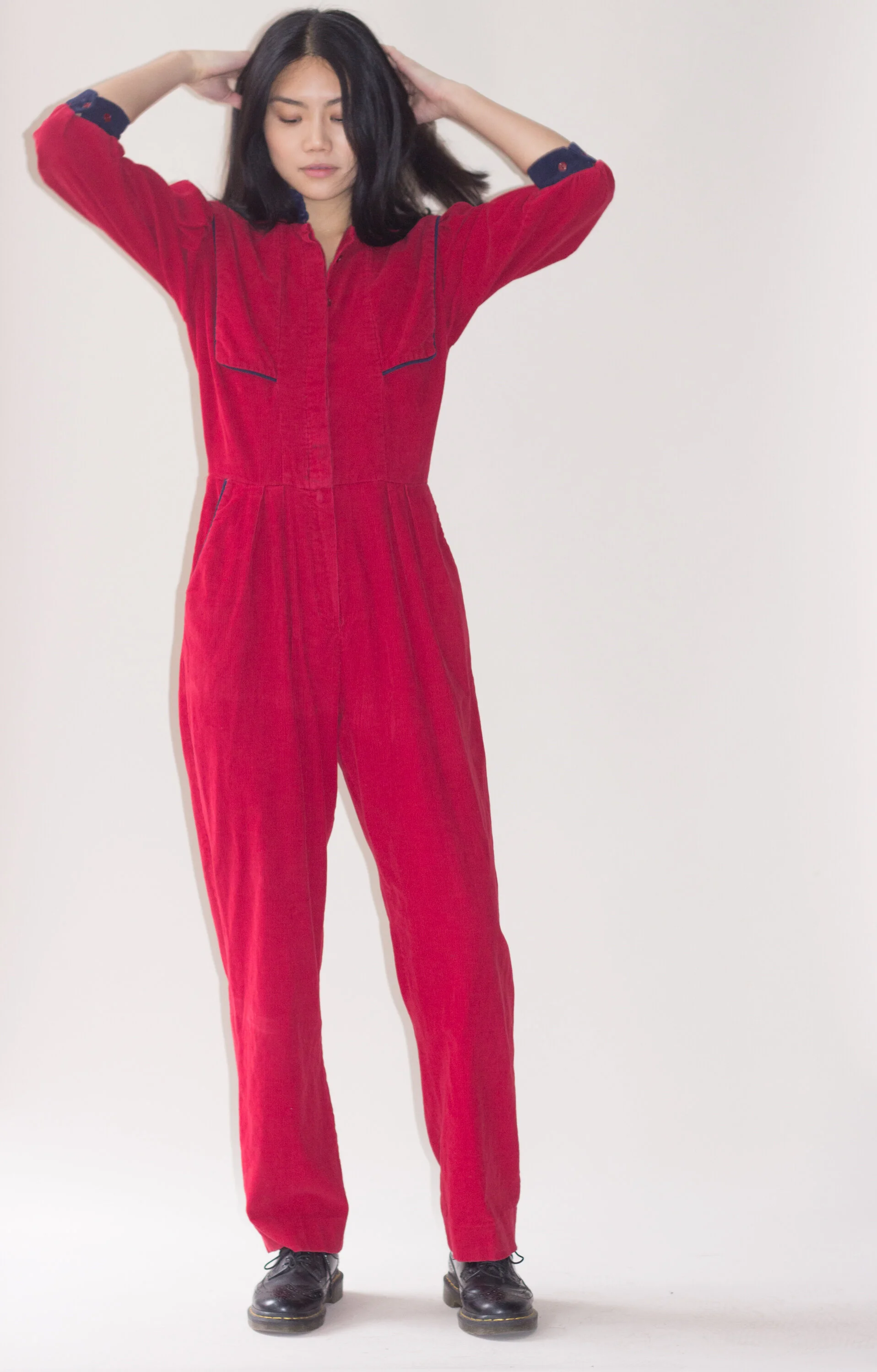 1970s Navy and Red Corduroy Jumpsuit Wayward Collection